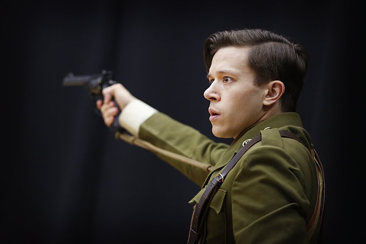 Jassa in military costume, in rehearsal for the play Wipers
